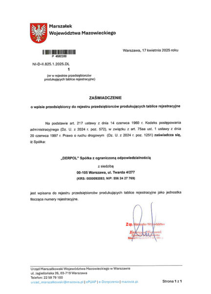 Zaswiadczenie-Marszalka-Wojewodztwa-Mazowieckiego-Rejestr-Przedsiebiorcow-Produkujacych-Tablice-04-2025